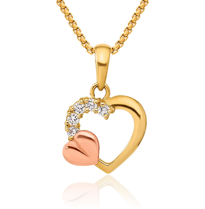 14K Solid Two Tone Gold Heart Cubic Zirconia CZ Necklace Chain Pendant Charm