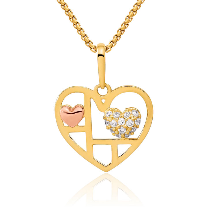 14K Solid Two Tone Gold Heart Cubic Zirconia CZ Necklace Chain Pendant Charm