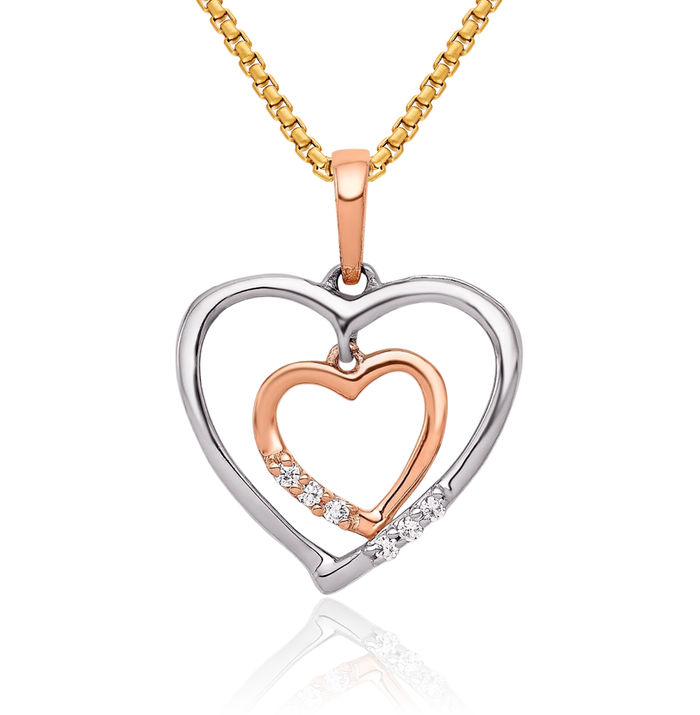 14K Solid Two Tone Rose White Gold Heart Necklace Love Pendant Charm Diamond