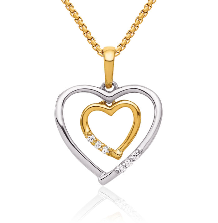 14K Solid Two Tone Gold Heart Necklace Love Pendant Charm Diamond