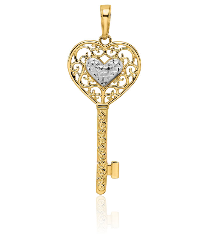 14K Solid Two Tone Yellow White Gold Heart Antique Filigree Key Necklace Chain Pendant Charm