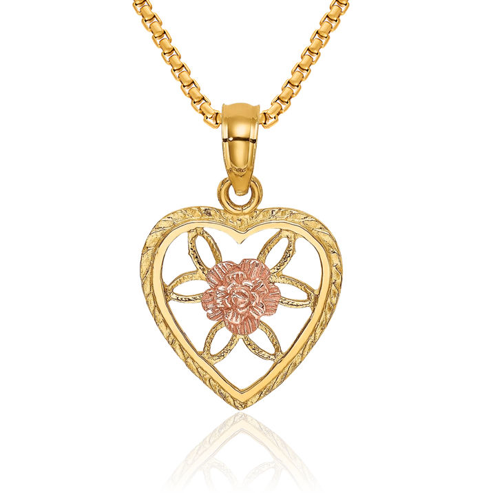 14K Solid Two Tone Gold Heart Flower Necklace Chain Pendant Charm