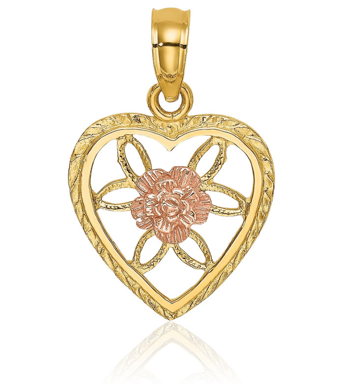 14K Solid Two Tone Gold Heart Flower Necklace Chain Pendant Charm