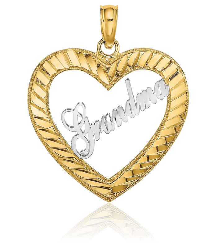 14K Solid Two Tone Yellow White Gold Heart Grandma Necklace Nana Charm Grandmother Pendant