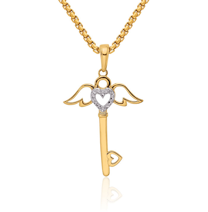 14K Solid Two Tone Yellow White Gold Heart Guardian Angel Wings Key Necklace Protect Us Cherub Pendant Religious Charm