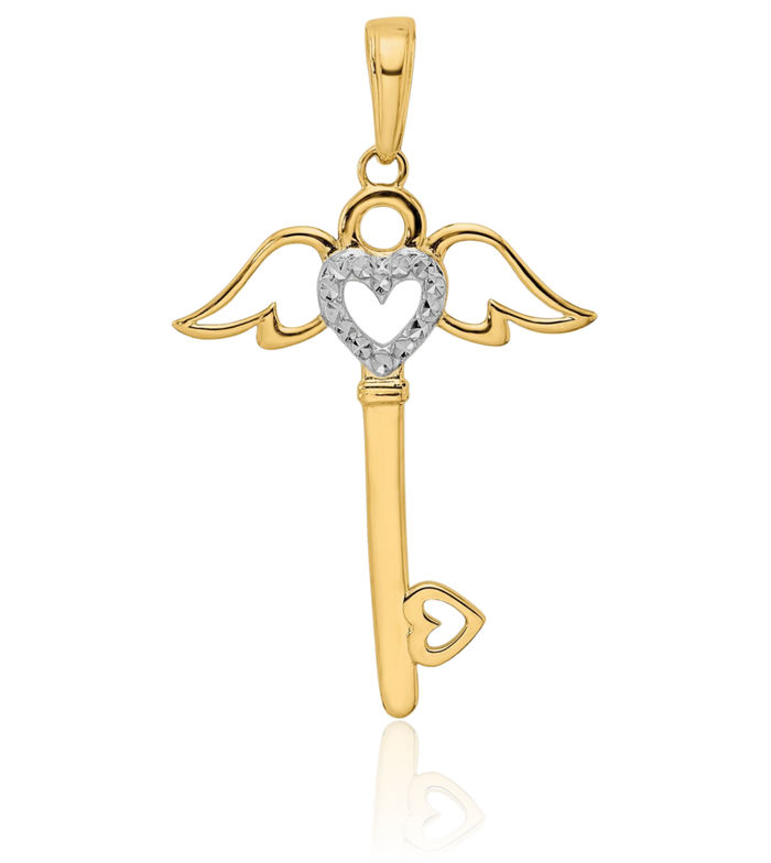 14K Solid Two Tone Yellow White Gold Heart Guardian Angel Wings Key Necklace Protect Us Cherub Pendant Religious Charm