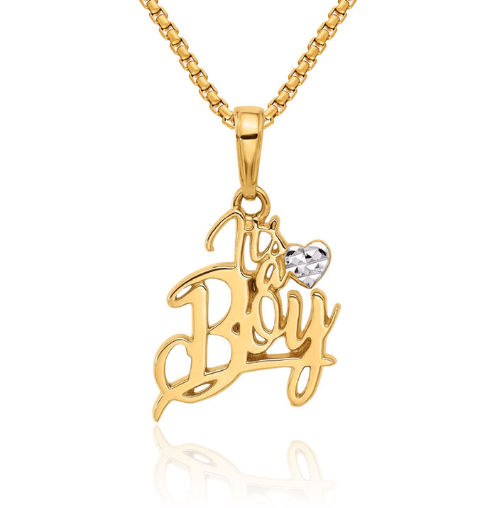 14K Solid Two Tone Yellow White Gold Heart Its Boy Necklace Chain Pendant Charm