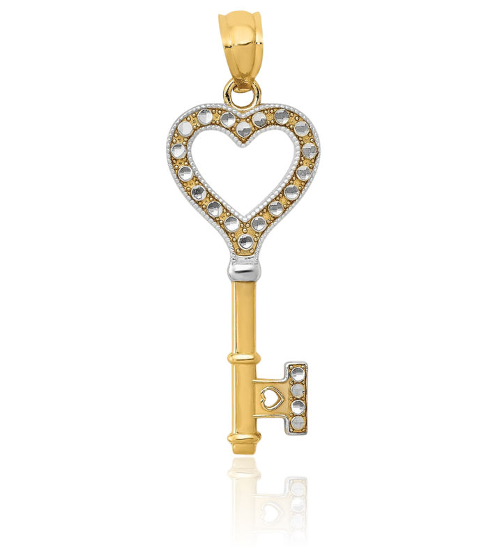 14K Solid Two Tone Yellow White Gold Heart Key Necklace Chain Pendant Charm