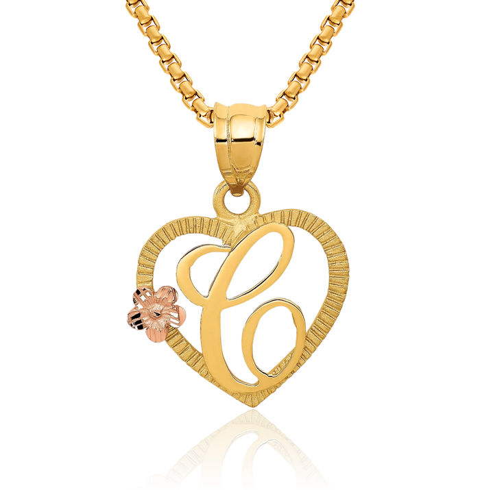 14K Solid Two Tone Gold Heart Dainty Letter C Initial Name Monogram Necklace Chain Pendant Charm