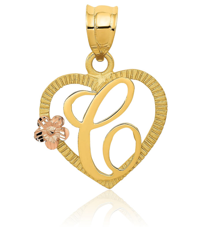 14K Solid Two Tone Gold Heart Dainty Letter C Initial Name Monogram Necklace Chain Pendant Charm