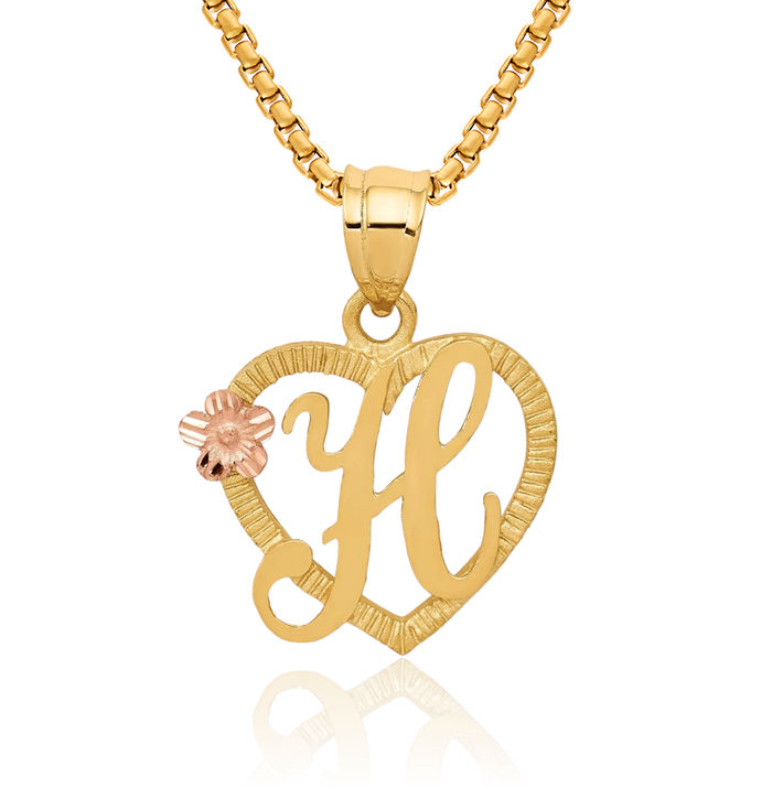 14K Solid Two Tone Gold Heart Dainty Letter H Initial Name Monogram Necklace Chain Pendant Charm