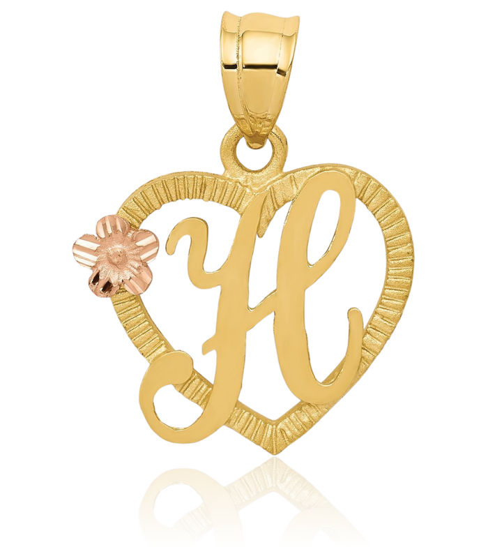 14K Solid Two Tone Gold Heart Dainty Letter H Initial Name Monogram Necklace Chain Pendant Charm