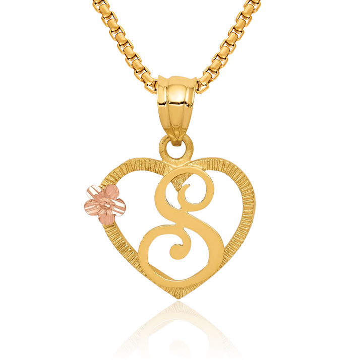 14K Solid Two Tone Gold Heart Dainty Letter S Initial Name Monogram Necklace Chain Pendant Charm