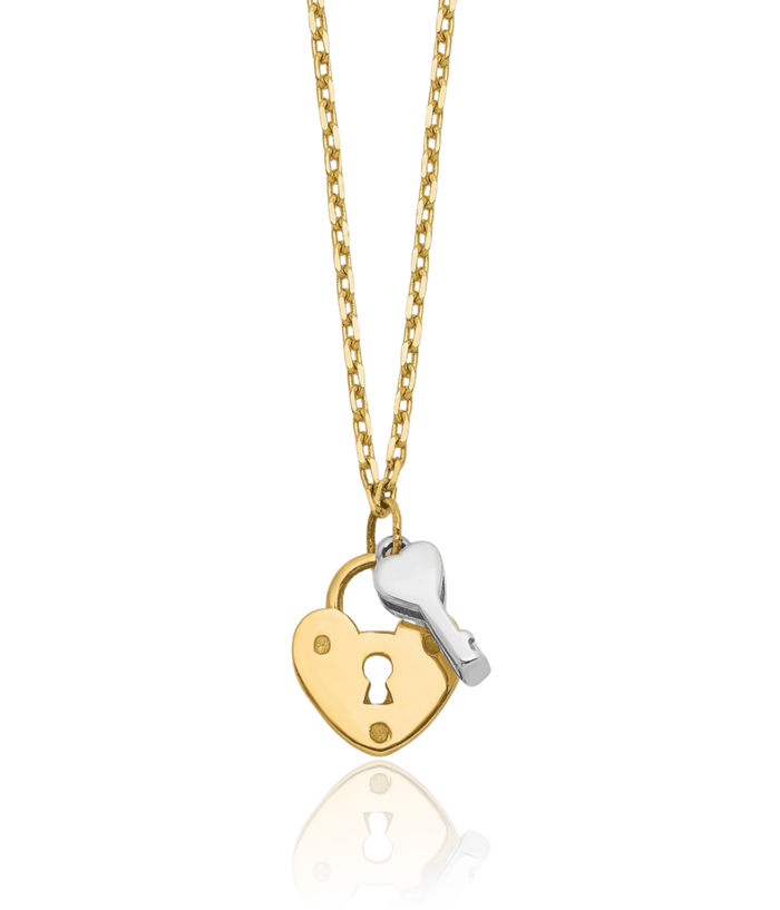 14K Solid Two Tone Gold Heart Lock Key Chain Necklace