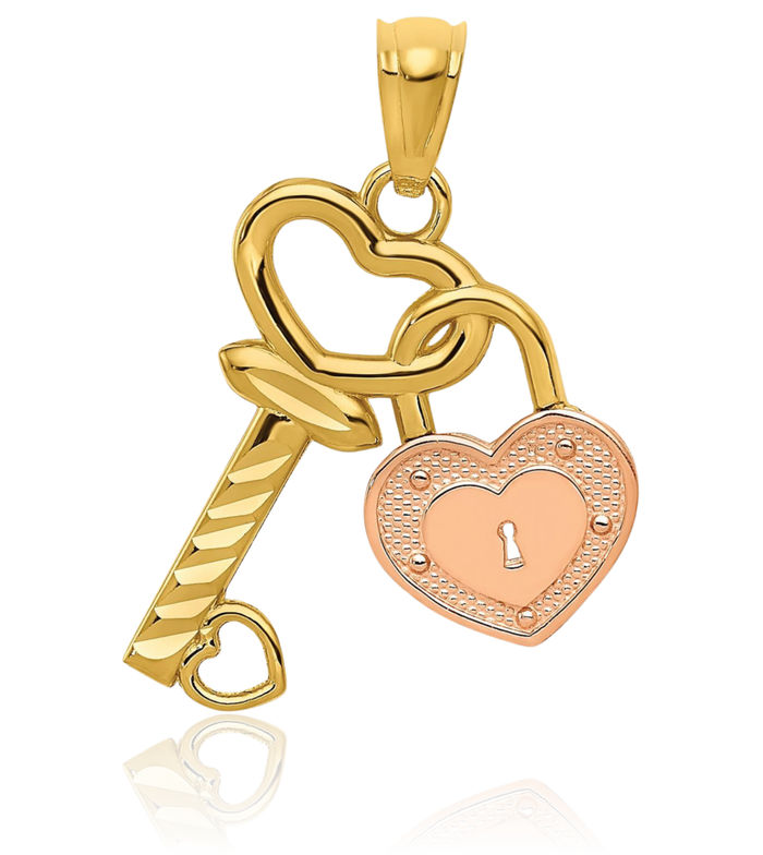 14K Solid Two Tone Gold Heart Lock Key Necklace Chain Pendant Charm