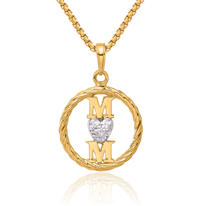 14K Solid Two Tone Yellow White Gold Heart Mom Necklace Mama Charm Mother Pendant