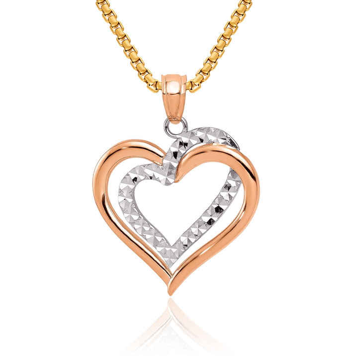 14K Solid Two Tone Gold Heart Necklace Love Pendant Charm