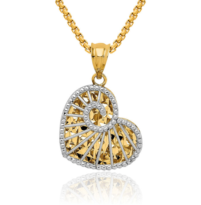 14K Solid Two Tone Gold Heart Necklace Love Pendant Charm