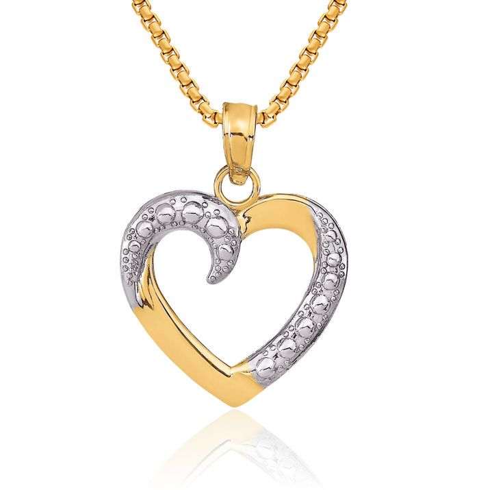 14K Solid Two Tone Yellow White Gold Heart Necklace Love Pendant Charm