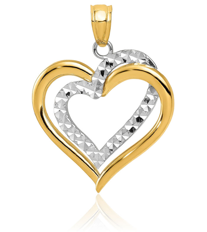 14K Solid Two Tone Gold Heart Necklace Love Pendant Charm