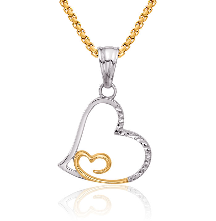 14K Solid Two Tone Gold Heart Necklace Love Pendant Charm