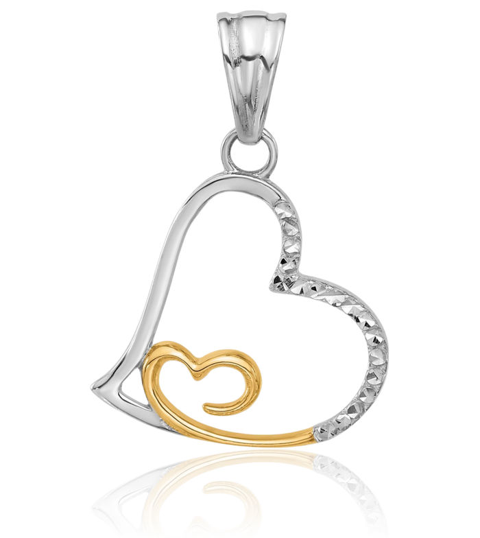 14K Solid Two Tone Gold Heart Necklace Love Pendant Charm