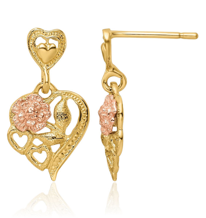 14K Solid Two Tone Gold Heart Rose Flower Post Drop Dangle Earrings