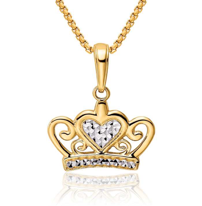 14K Solid Two Tone Yellow White Gold Heart Royal Princess Crown Necklace Chain Pendant Charm