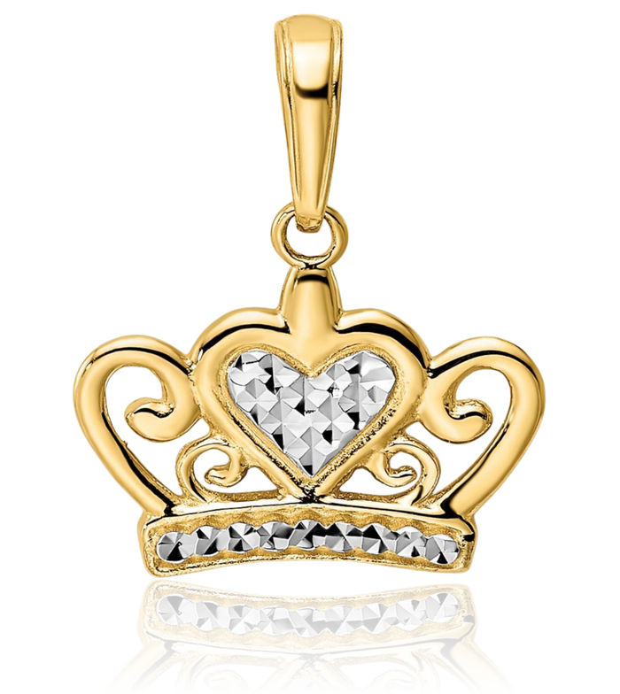 14K Solid Two Tone Yellow White Gold Heart Royal Princess Crown Necklace Chain Pendant Charm