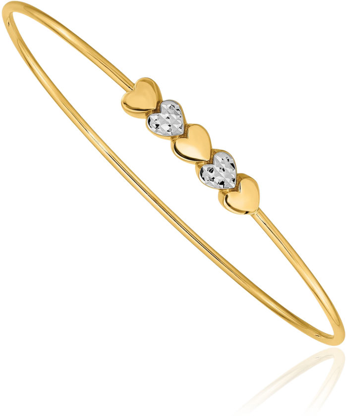 14K Solid Two Tone Yellow White Gold Heart Slip On Bangle Bracelet