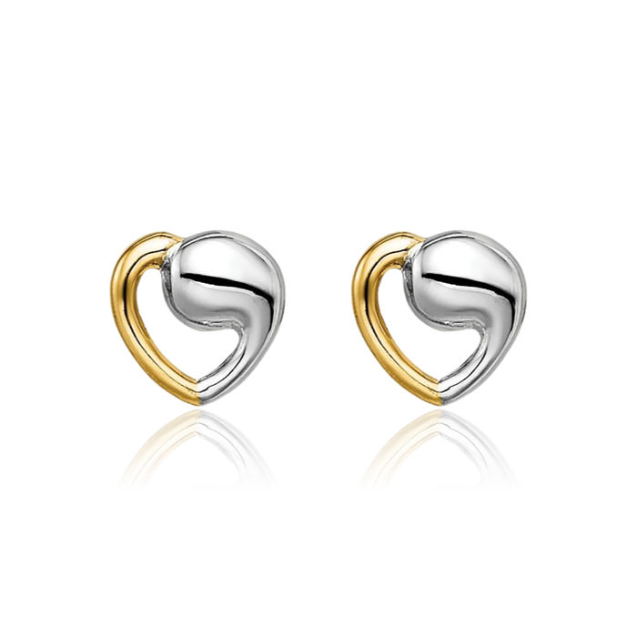 14K Solid Two Tone Yellow White Gold Heart Stud Earrings