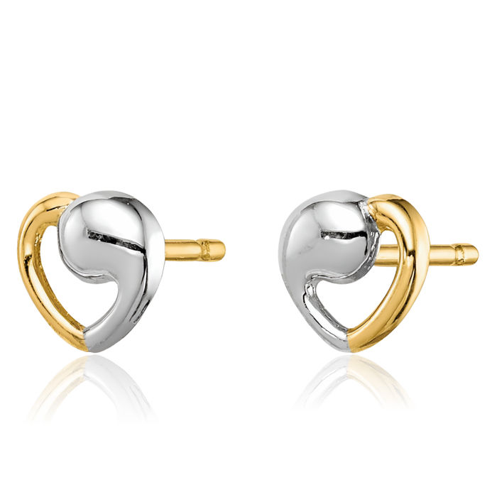 14K Solid Two Tone Yellow White Gold Heart Stud Earrings