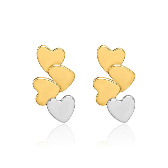 14K Solid Two Tone Yellow White Gold Heart Stud Earrings