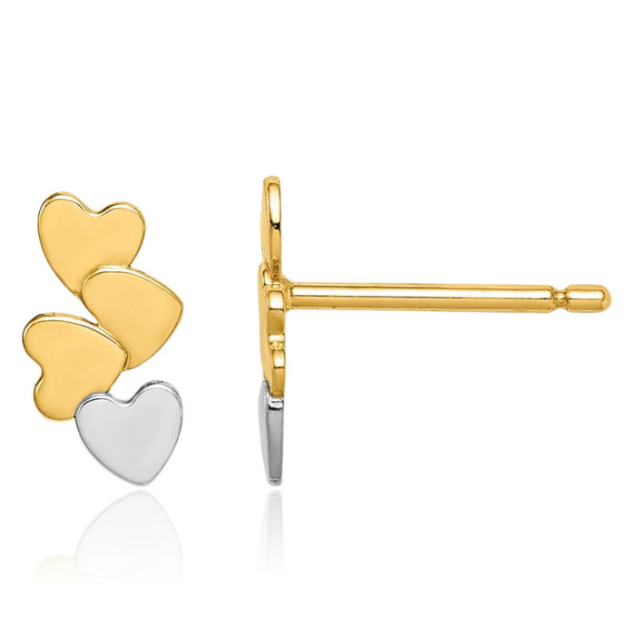 14K Solid Two Tone Yellow White Gold Heart Stud Earrings