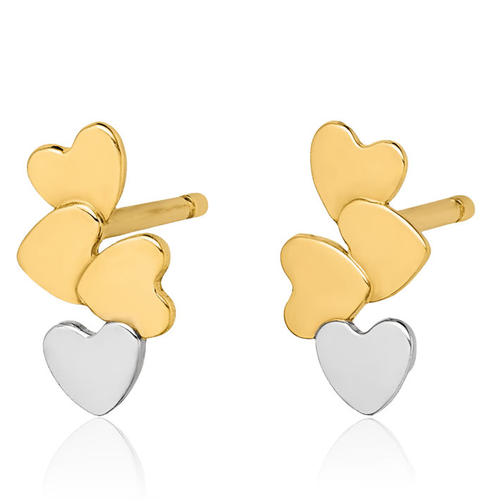 14K Solid Two Tone Yellow White Gold Heart Stud Earrings