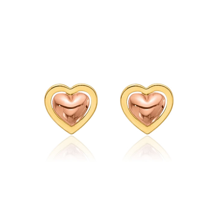 14K Solid Two Tone Gold Heart Stud Earrings