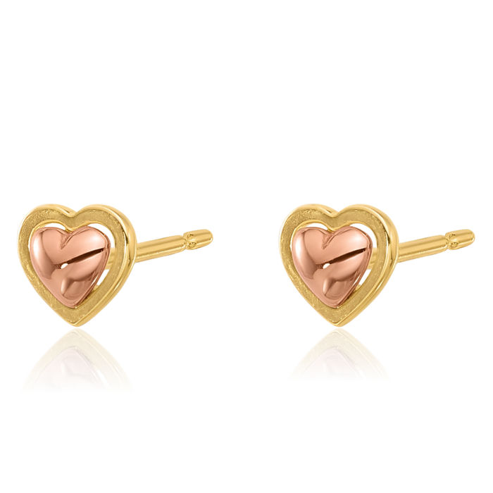 14K Solid Two Tone Gold Heart Stud Earrings