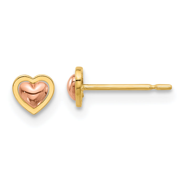 14K Solid Two Tone Gold Heart Stud Earrings