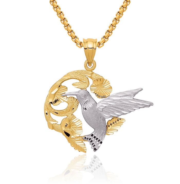 14K Solid Two Tone Gold Hummingbird Necklace Bird Pendant Charm