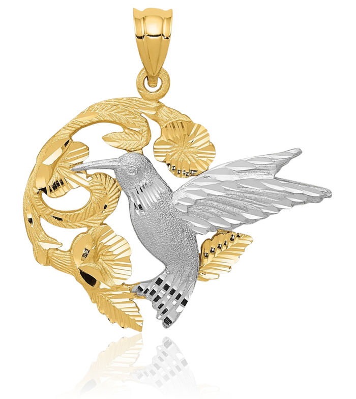 14K Solid Two Tone Gold Hummingbird Necklace Bird Pendant Charm