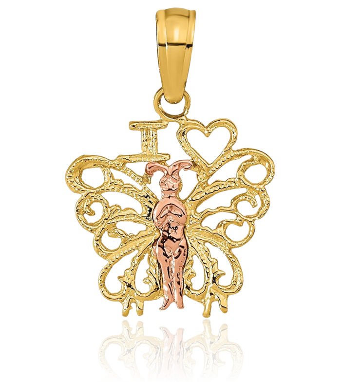 14K Solid Two Tone Gold I Love Heart Butterfly Wings Necklace Chain Pendant Charm