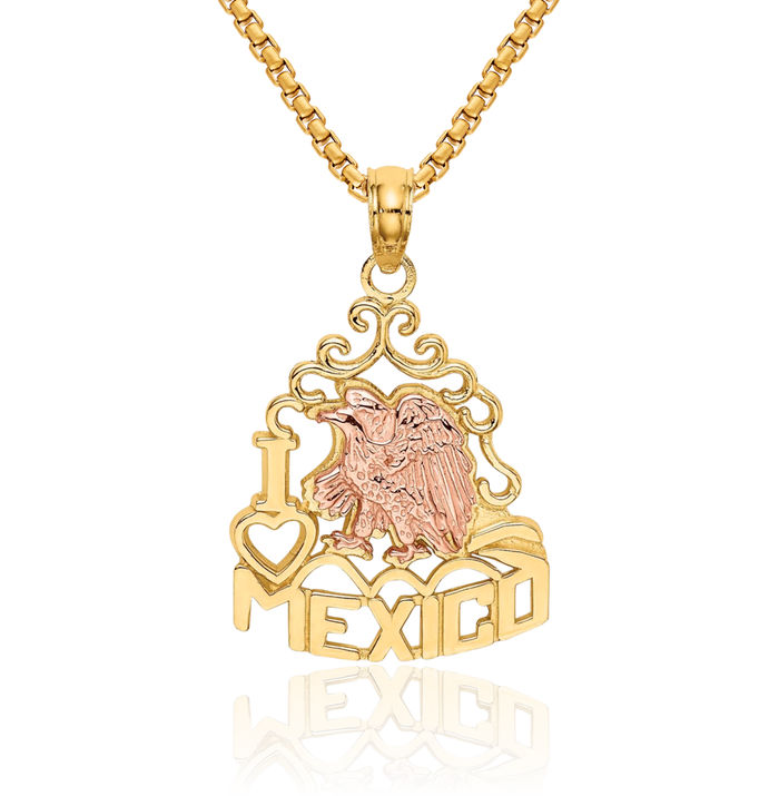 14K Solid Two Tone Gold I Love Heart Mexico Eagle Necklace American Hawk Bird Head Pendant Symbol of Strength Freedom Charm