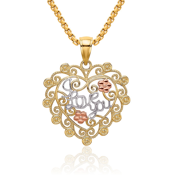 14K Solid Two Tone Gold White I Love You Antique Filigree Heart Flower Necklace Chain Pendant Charm