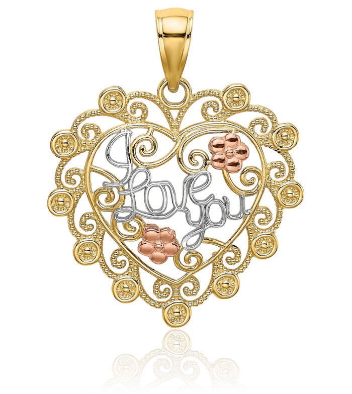 14K Solid Two Tone Gold White I Love You Antique Filigree Heart Flower Necklace Chain Pendant Charm