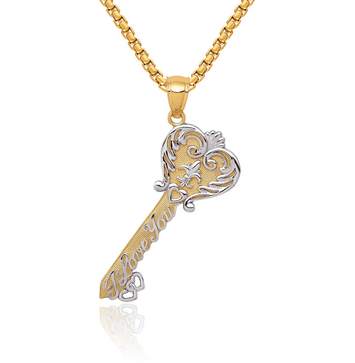 14K Solid Two Tone Yellow White Gold I Love You Antique Filigree Heart Key Necklace Chain Pendant Charm