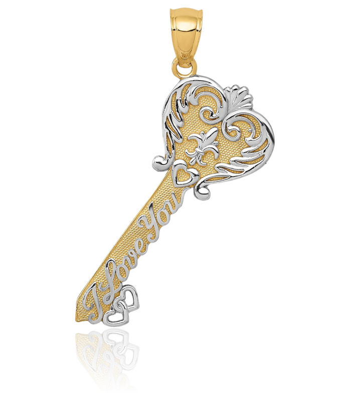 14K Solid Two Tone Yellow White Gold I Love You Antique Filigree Heart Key Necklace Chain Pendant Charm