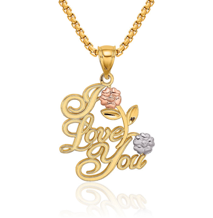 14K Solid Two Tone Gold White I Love You Flowers Necklace Chain Pendant Charm