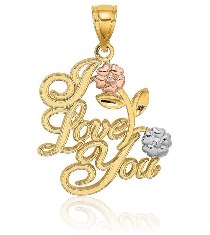 14K Solid Two Tone Gold White I Love You Flowers Necklace Chain Pendant Charm