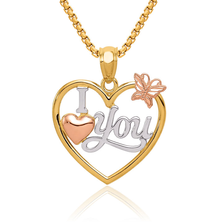 14K Solid Two Tone Gold White I Love You Heart Butterfly Wings Necklace Chain Pendant Charm