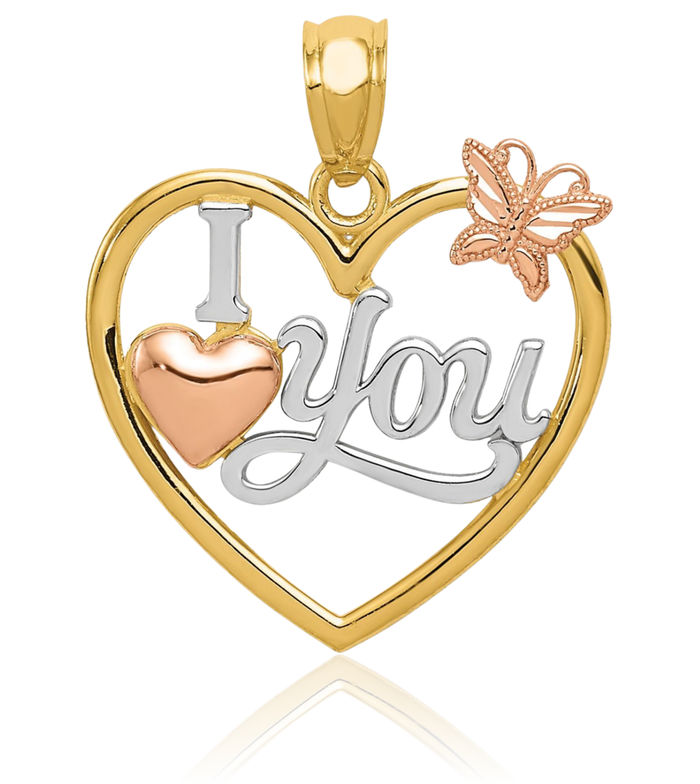 14K Solid Two Tone Gold White I Love You Heart Butterfly Wings Necklace Chain Pendant Charm